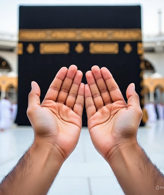 both hands in prayer infront of mecca